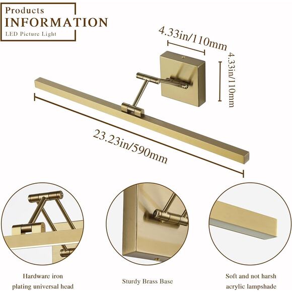 6856 Led Brass hardwired Gallery artwork picture light dimmable 23.6 inches New - Picture 6 of 7